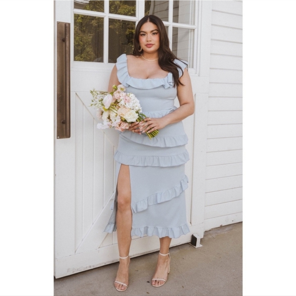 SMYM Show Me Your Mumu Greta Ruffle Midi Dress in Silver Sage Stretch